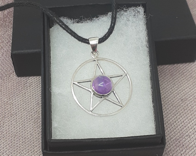 Amethyst Pendant -Sterling Silver 925 Pendant Pentagram 25 mm -The "Goddess Collection" - Gift Box