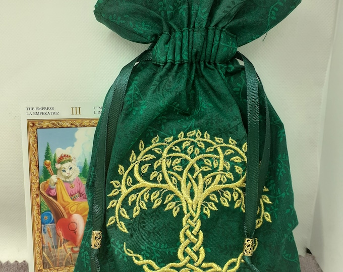 Deluxe Tarot cards pouch Bag, lined pouch, handmade -Embroidery- Tree of Life -Tibetan Silver Beads- New Design