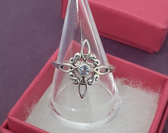 Sterling Silver Witches Knot Ring: Blue Topaz CZ, Goddess Collection