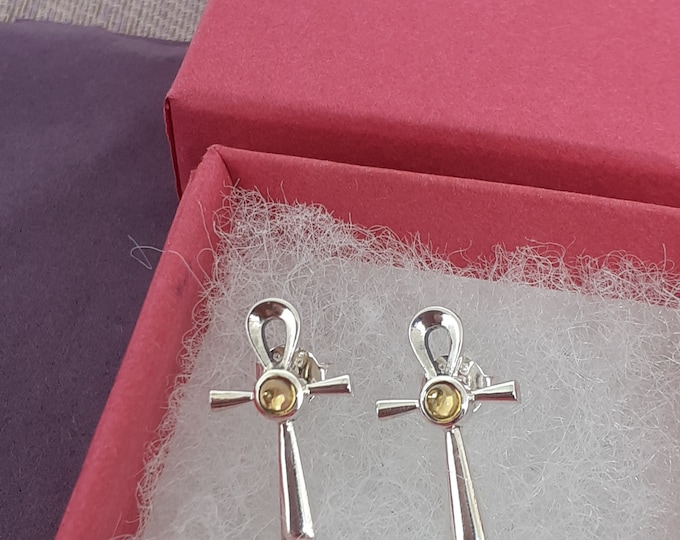 Citrine Ankh Stud Sterling 925 Silver Stud Earrings  "Goddess Collection" Lovely Gift Yourself Friends Family-Loved One