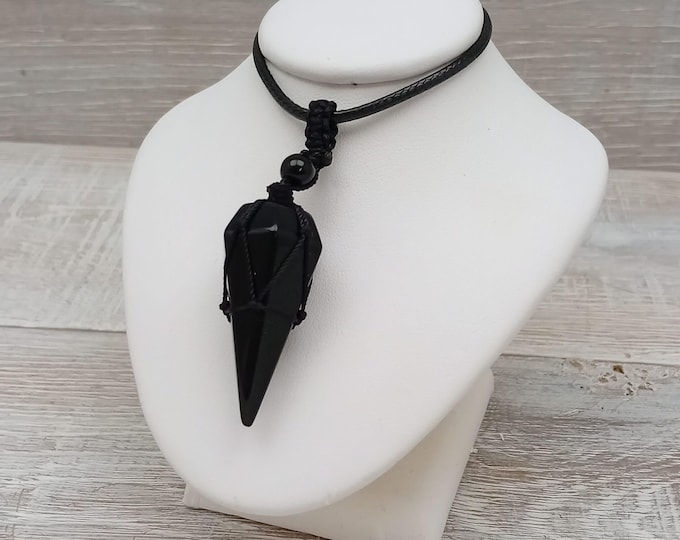Black Obsidian Pendulum Pendant: Black Cotton Cord, Gift Box