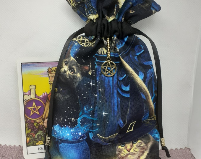 Deluxe Tarot - Oracle- cards pouch Bag, lined pouch, handmade -Cat- Pentacle -Charm- Beads- New Design