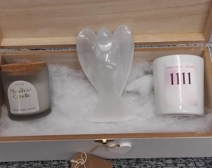 Angel Wing- Memory Box- Gift Set-Large Selenite Angel- Angel Crystal Candle-Manifest Candle-Gift-Yourself-Friends-Family-Loved One