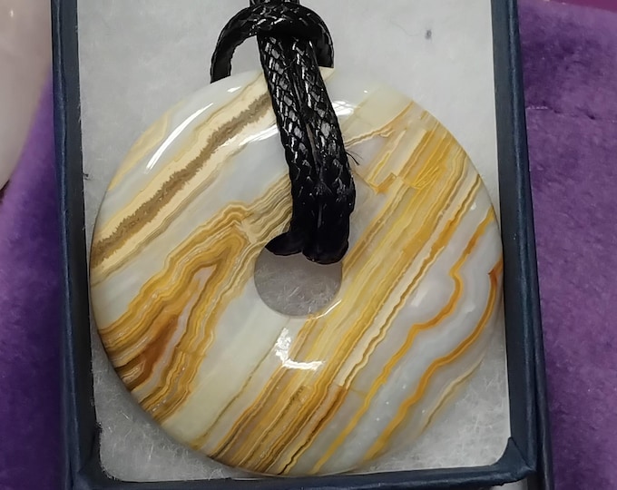 Yellow Lace Agate-Donut -40 mm-  Black Cord-Gift-Yourself-Friends-Family-Loved One- NEW- Gift Box