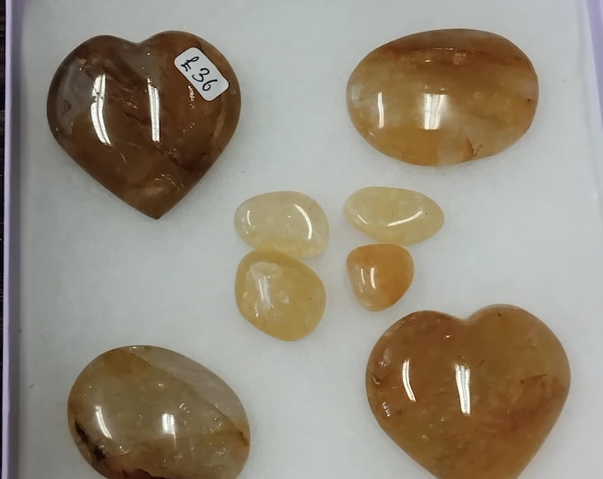 Golden Healer Quartz-x 2 Palmstones-x 4 Tumbled Stones- x 2 Hearts- Gift Set-Gift-Yourself-Friends-Family-Loved One