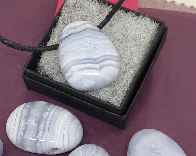 Blue Lace Agate- "A" Grade -Pendant - Black Cord - Gift-Yourself- Friends-Family-Loved One-Gift Box