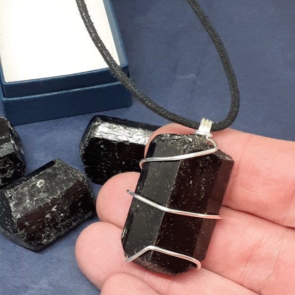 Black Tourmaline Specimen x 1- Silver- Plated Wire Pendant- Black Cord -Gift-Yourself- Friends-Family-Loved One-Gift Box