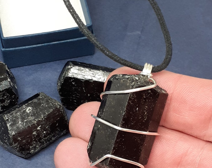 Black Tourmaline Specimen x 1- Silver- Plated Wire Pendant- Black Cord -Gift-Yourself- Friends-Family-Loved One-Gift Box