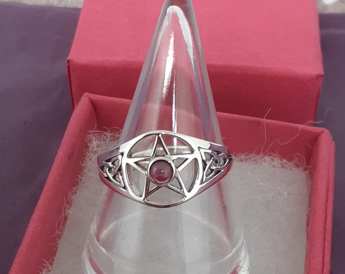 Garnet -Ring Sterling Silver 925 - Celtic Trinity Knot- Pentacle - New "Goddess Collection"- Multiple Sizes -NEW