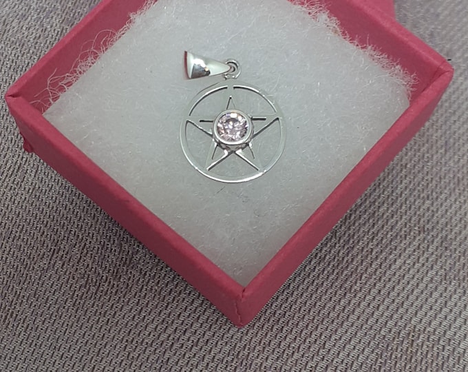 Pink CZ- Faceted -Pendant Sterling Silver 925 Small Pendant Pentagram "Goddess Collection"  14 mm- Gift Box