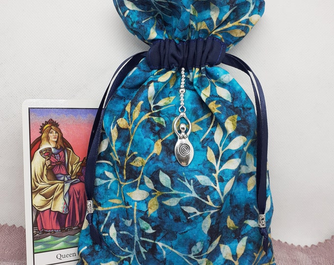 Deluxe Tarot cards pouch Bag, lined pouch, handmade -Leaves- Goddess- Charm-Tibetan Silver Beads- New Design