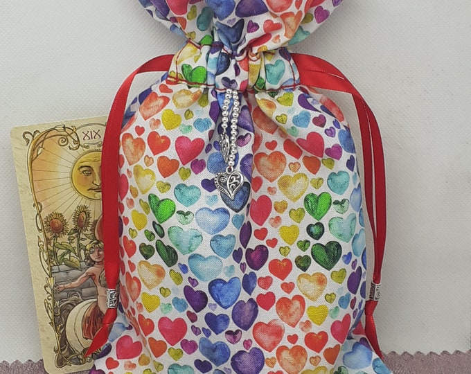 Deluxe Tarot cards pouch Bag, lined pouch, handmade -Hearts- Charm- Beads- New Design