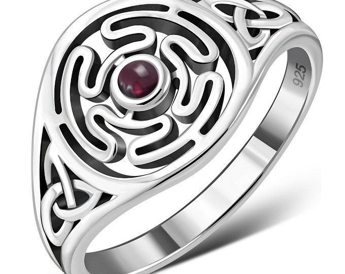 Hecates Wheel- Celtic Knot -Garnet-Ring- Sterling Silver 925 - New "Goddess Collection"- Multiple Sizes Available- Gift Box
