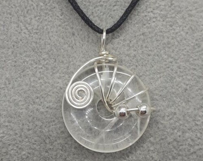 Clear Quartz Donut -30 mm-Silver Plated Holder- Black Cord-Gift for Yourself- Friend-Loved One-Gift Box