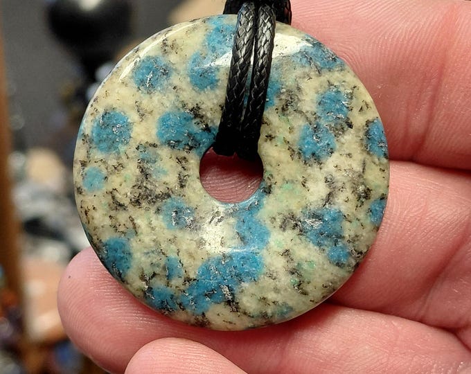 K2-Azurite in Gneiss- Donut Pendant with Black Cord (40mm)