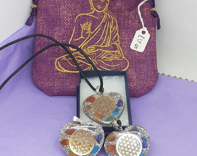 Organite-Heart-Chakra-Pendant- Black Cord -Buddha Embroidery Bag-Gift-Yourself- Friends-Family-Loved One-Gift Box