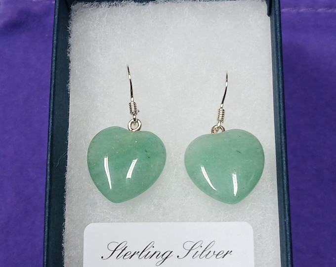 Green Aventurine-Sterling Silver -Heart -Earrings -Drop-Dangle-Earrings -Handmade-Silver 925 Hooks-Gift Box