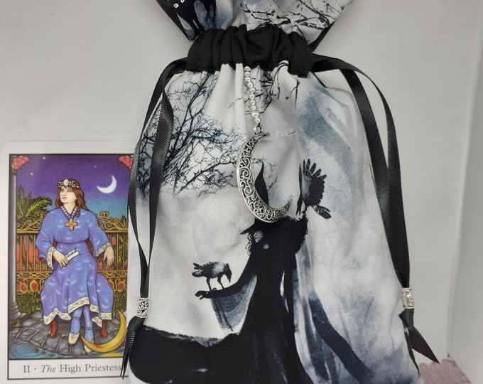 Deluxe Tarot cards pouch Bag, lined pouch, handmade -Witch- Crow -Moon Charm-Tibetan Silver Beads- New Design