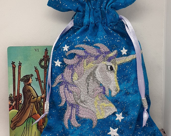 Deluxe Tarot cards pouch Bag, lined pouch, handmade -Embroidery- Unicorn-Tibetan Silver Beads- New Design