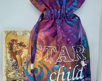 Deluxe Tarot cards pouch Bag, lined pouch, handmade -Embroidery- STAR child-Tibetan Silver Beads- New Design