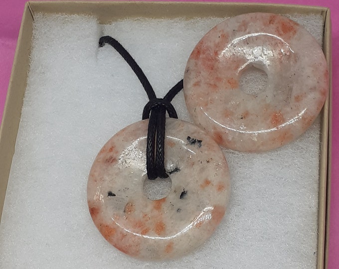 Sunstone- 30- 40 mm Donut Pendant- Black Cord- Perfect gift for yourself- a friend or a Loved one