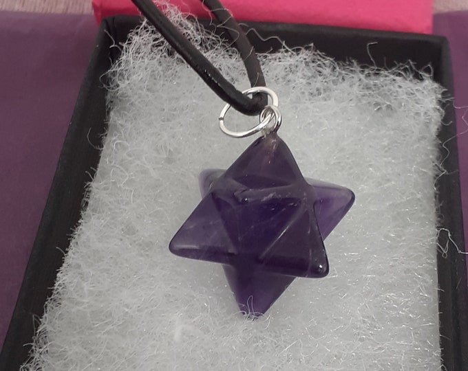 Amethyst- Merkaba- Pendant-Handmade-Genuine Black Leather Cord-Silver 925 Jump Ring-Gift Box