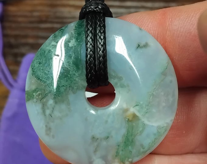 Moss Agate 40 mm Pendant- Black Cord- Perfect gift for yourself- a friend or a Loved one- Gift Box