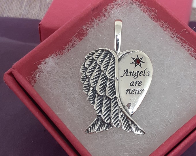 Garnet CZ "Angels Are Near"- Wings -Pendant Sterling Silver 925  New "Goddess Collection"- Lovely Gift- Yourself- Friends Family Loved One