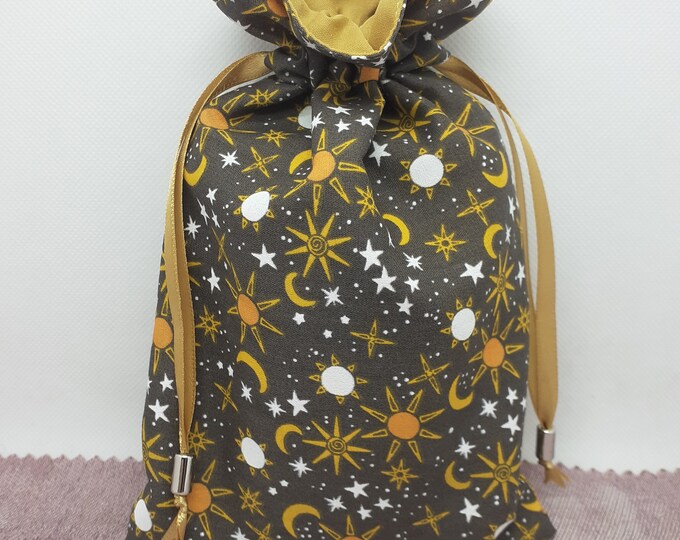 Tarot cards pouch Bag- lined -handmade - Brown- Sun -Moon- Stars-  Cotton - Ribbon- Silver Coloured Beads