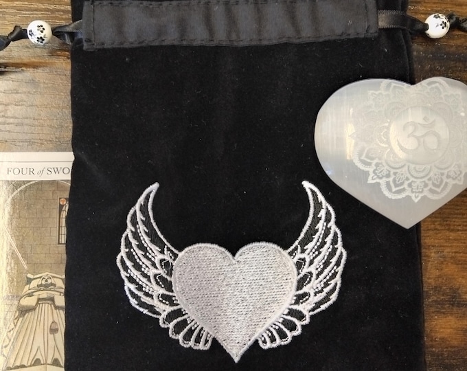 Deluxe Tarot cards pouch Bag, lined pouch, handmade -Embroidery- Angel Wings-Tibetan Silver Beads- New Design- Cotton VELVET