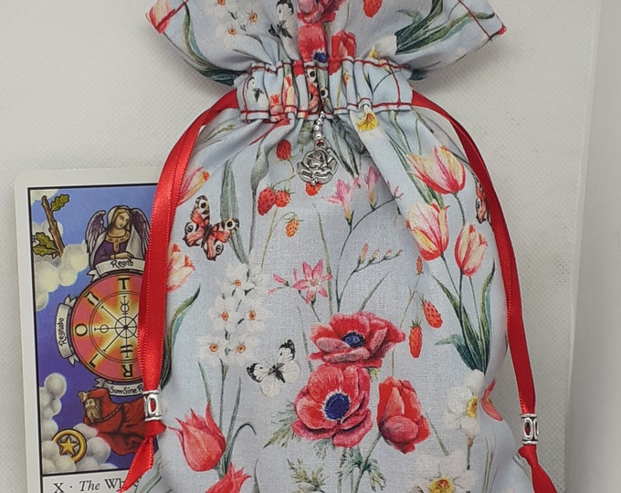 Deluxe Tarot cards pouch Bag, lined pouch, handmade Rose- Charm-Tibetan Silver Beads- New Design