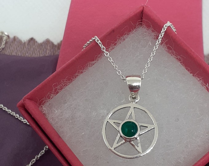 Green Onyx -Pendant Sterling Silver 925 Small Pendant Pentagram "Goddess Collection"  14 mm- Gift Box