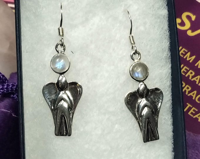 Earrings -Sterling Silver 925 - Guardian Angel - 25 mm - "Goddess Collection" -Rainbow Moonstone-Gift Box-Yourself-Friends-Family-Loved One