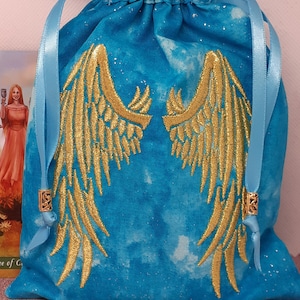 Bolsa de lujo para cartas del tarot, bolsa forrada, hecha a mano, bordado, alas de ángel, cuentas de plata tibetana, nuevo diseño