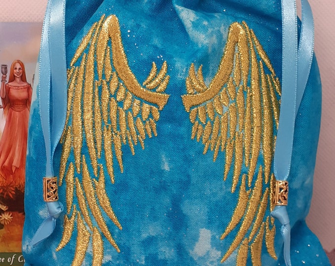 Deluxe Tarot cards pouch Bag, lined pouch, handmade -Embroidery- Angel Wings-Tibetan Silver Beads- New Design