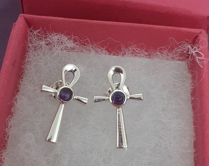Amethyst Ankh Stud Sterling 925 Silver Stud Earrings  "Goddess Collection" Lovely Gift Yourself Friends Family-Loved One