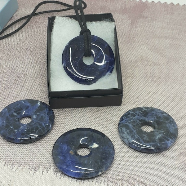 Sodalite- Round Donut -Black Cord- 40 mm - calmness of the mind- Gift- Yourselves-Friends-Family-Loved One-Gift Box