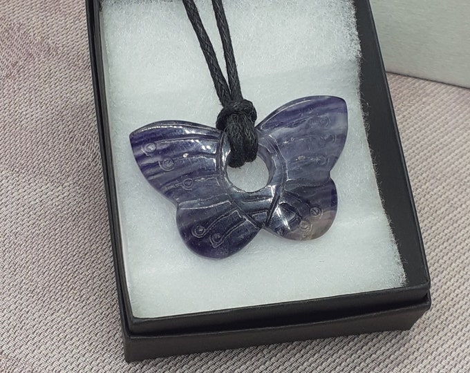 Fluorite- Butterfly Pendant 40 mm x 25 mm Black Cord- Gift Box- Gift Yourself- Friend- Family -Loved One