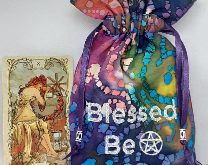 Deluxe Tarot cards pouch Bag, lined pouch, handmade -Embroidery- Blessed Be-Tibetan Silver Beads- New Design