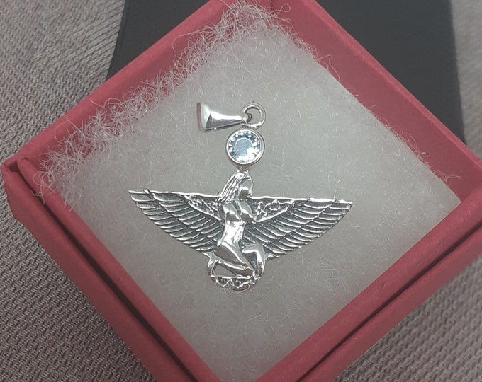 Pendant -Sterling Silver 925 Pendant Winged Isis - The "Goddess Collection" 25 mm -Blue Topaz-Past life recall-Positive thoughts