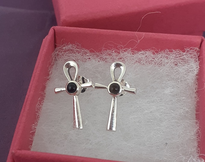 Black Obsidian Ankh Stud Sterling 925 Silver Stud Earrings  "Goddess Collection" Lovely Gift Yourself Friends Family-Loved One