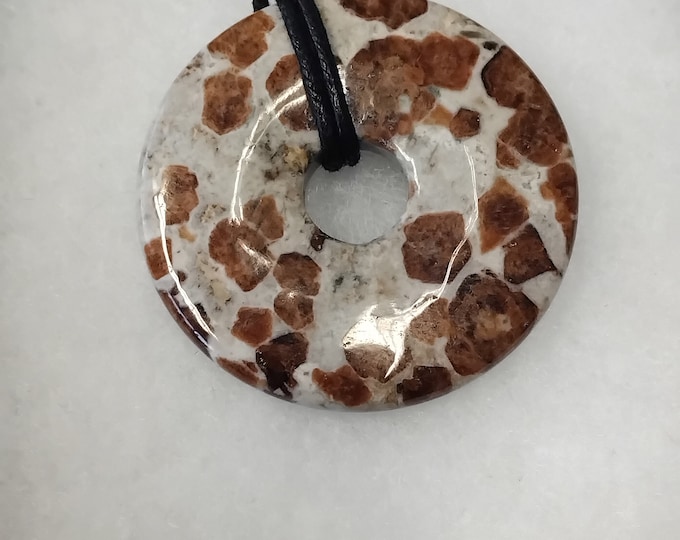 Garnet in Limestone -Donut -50 mm-  Black Cord- NEW- Gift Box