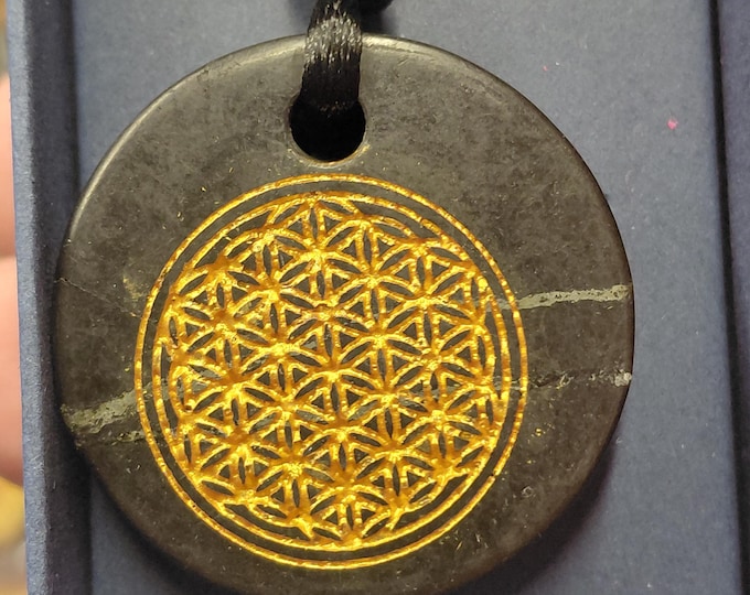 Shungite- Gold Flower of Life-Gemstone on Black Cord