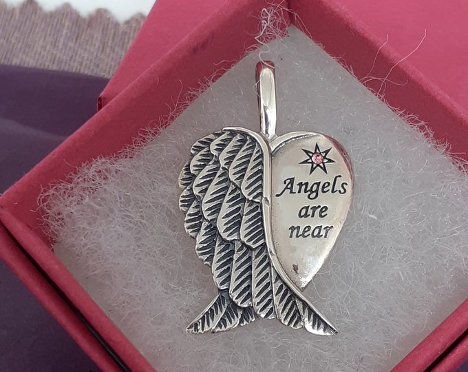 Pink CZ "Angels Are Near"- Wings -Pendant Sterling Silver 925  New "Goddess Collection"- Lovely Gift- Yourself- Friends Family Loved One