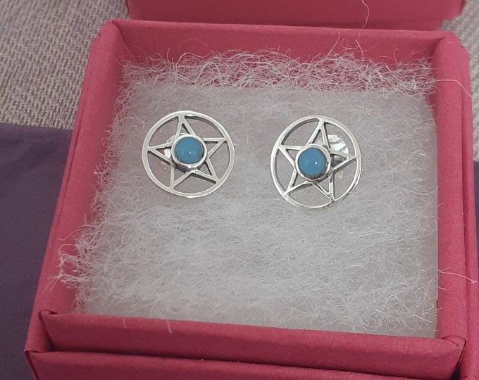 Blue Onyx Earrings Sterling Silver 925 Stud Earrings The "Goddess Collection" Pentagram 10 mm-Gift Box