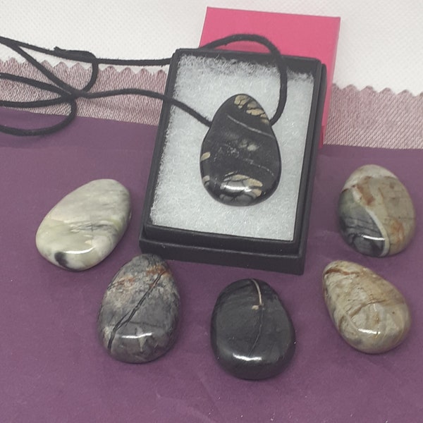 Picasso Marble Jasper-Tumbled-Pendant- Black Cord - Gift-Yourself- Friends-Family-Loved One-Gift Box