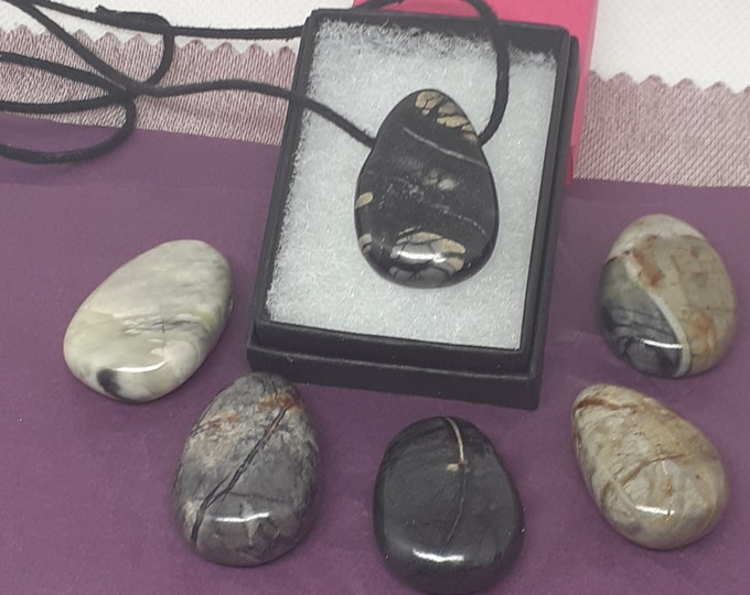 Picasso Marble Jasper-Tumbled-Pendant- Black Cord - Gift-Yourself- Friends-Family-Loved One-Gift Box