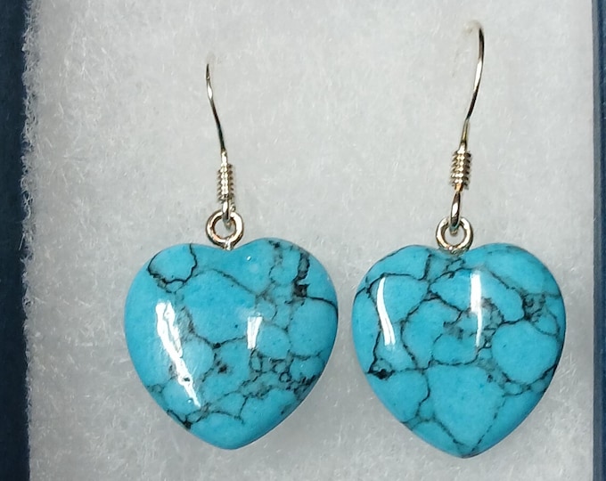 Blue Howlite-Sterling Silver -Heart -Earrings -Drop-Dangle-Earrings -Handmade-Silver 925 Hooks-Gift Box