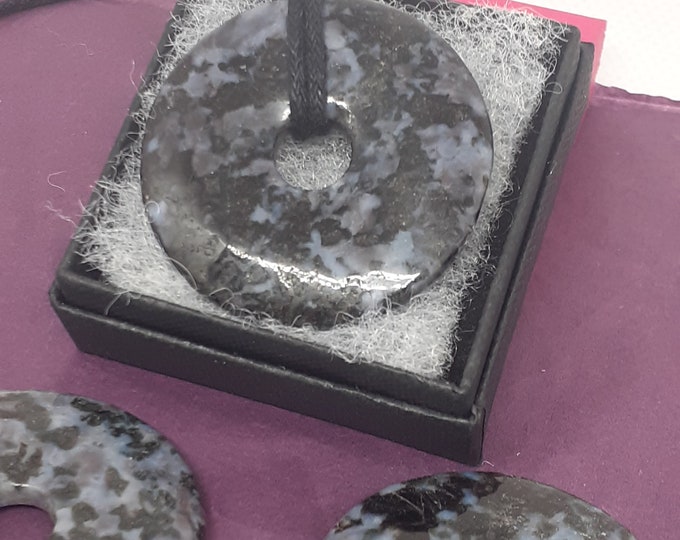 Gabbro- Mystic Merlinite-Donut -40 mm-  Black Cord-Creativity-stone of prosperity- NEW- Gift Box