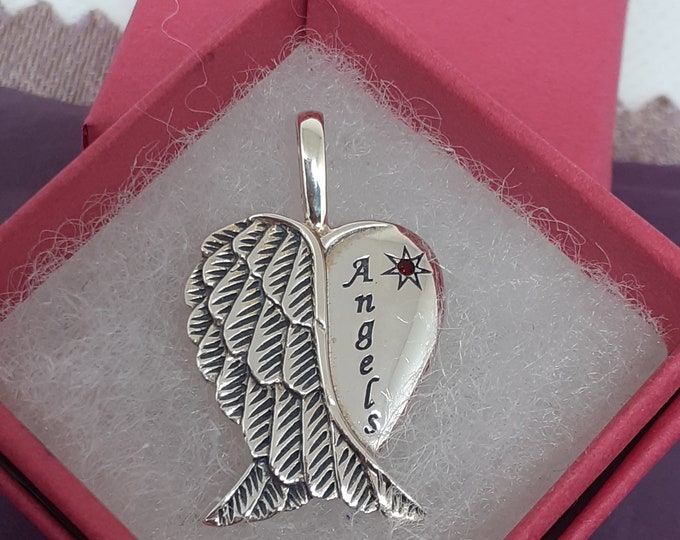 Garnet CZ  "Angels "- Wings -Pendant Sterling Silver 925  "Goddess Collection"- Lovely Gift- Yourself- Friends Family Loved One